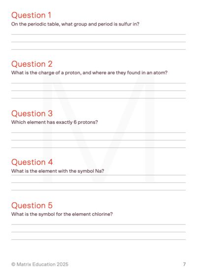 sample page of questions from 'intro to year 9 chemistry'